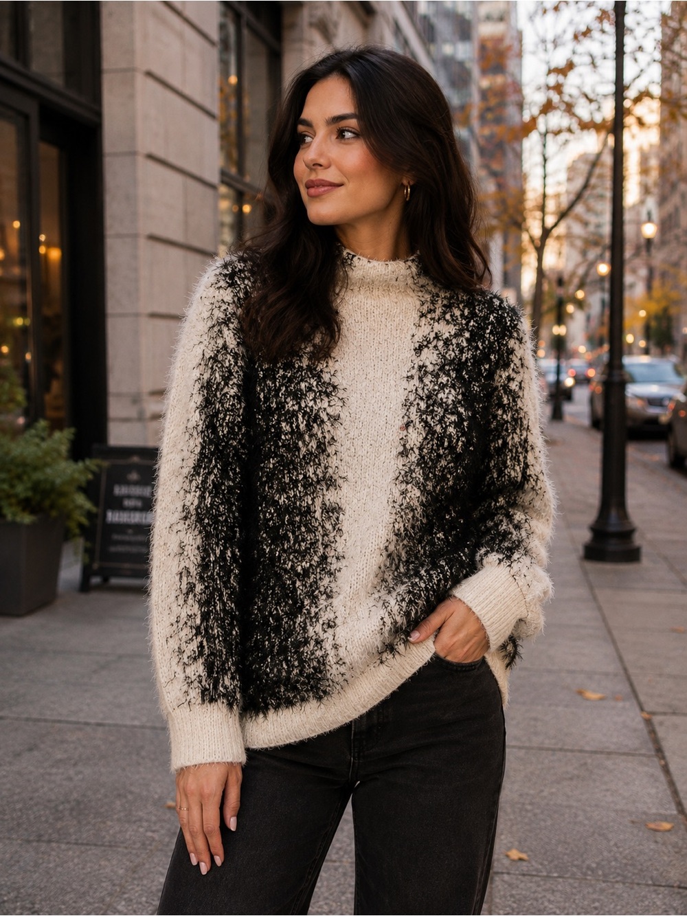 SISTERS Fuzzy Black & Ivory Mock Neck Knit Sweater Sz S